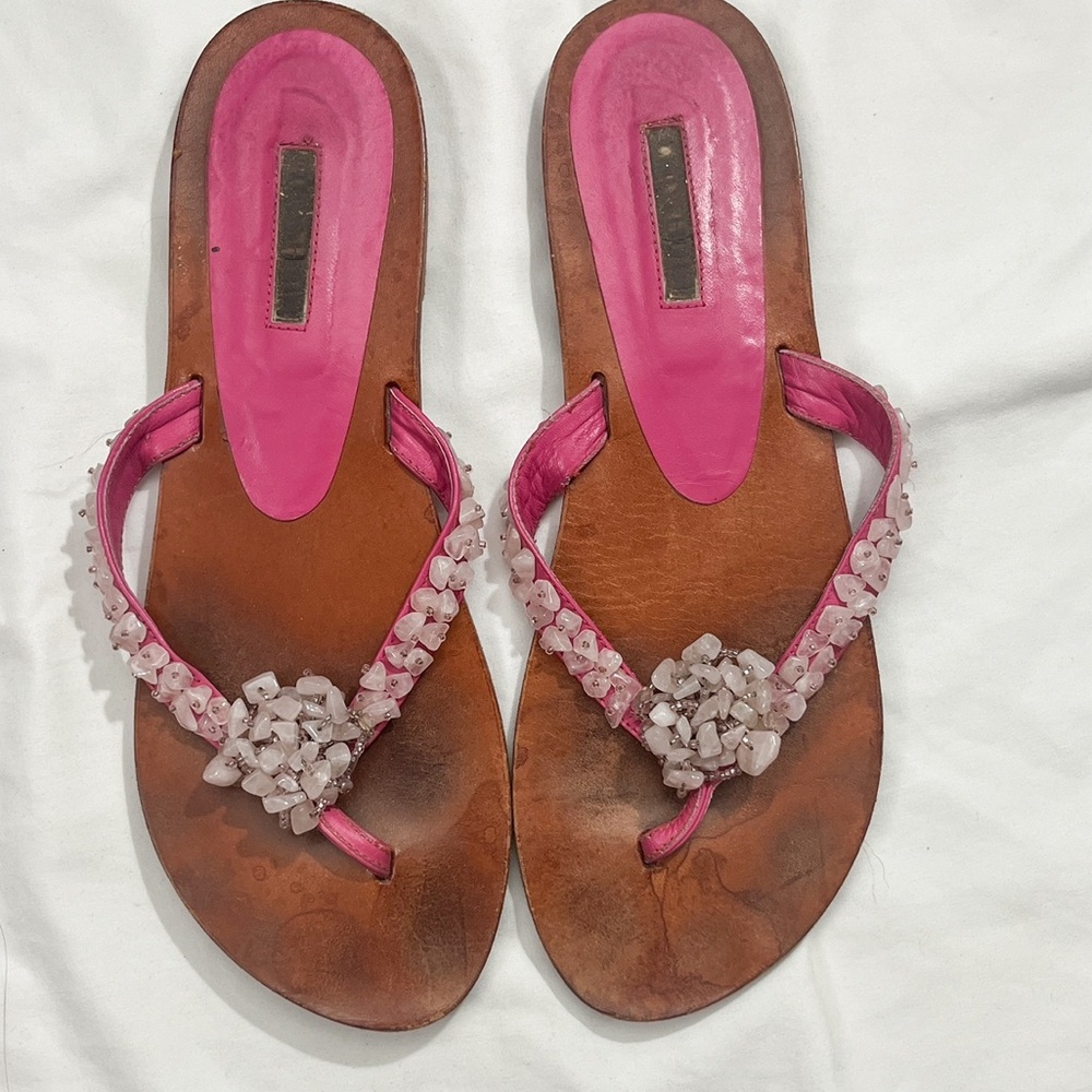 Lily Holt Leather Thong Sandals Sz. 41 Pink Rose Quartz Semi Precious Stones